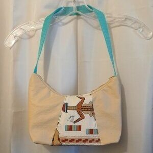 New Western Vinyl Top handle Shoulder Bag Purse Tan Turquoise Crescent Baguette